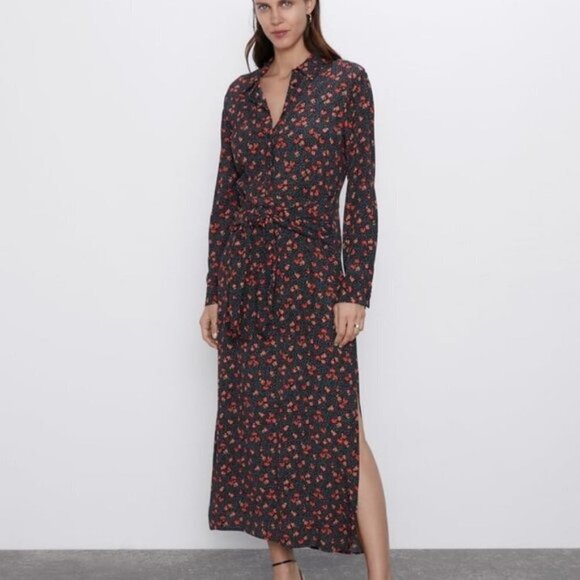 Zara Beautiful Black Floral Collared Maxi Dress - Picture 1 of 14